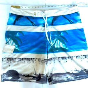 G21 men's board shorts, blue & white, palm tree pattern, size 42